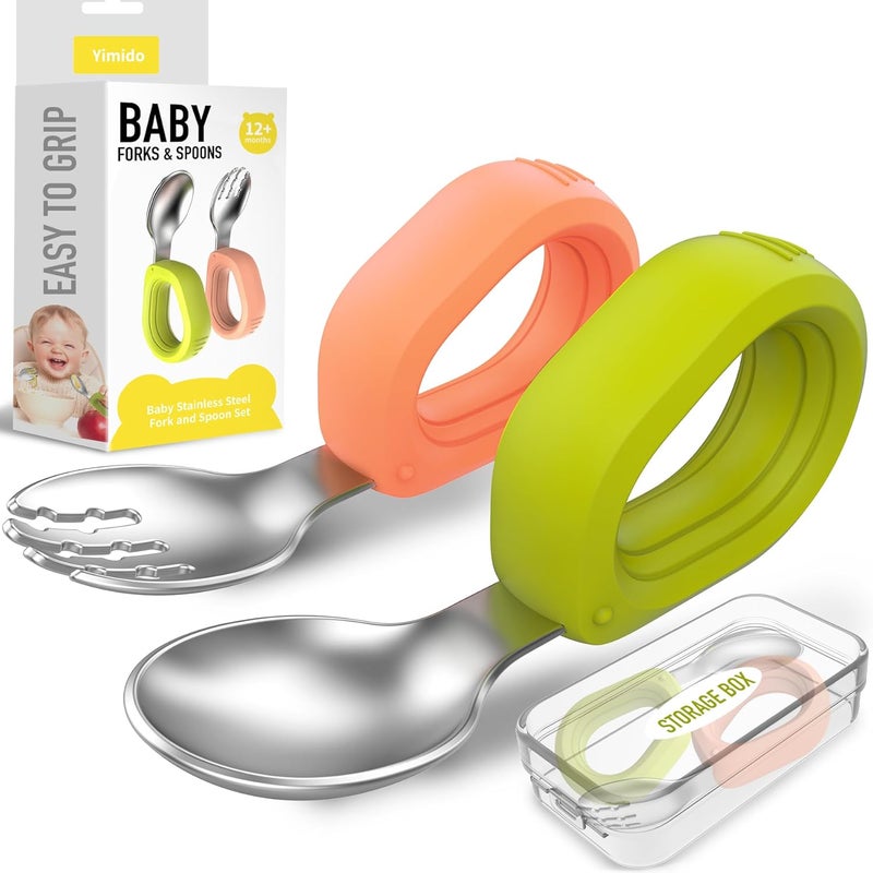 yimido Toddler Utensils - Baby Forks and Spoons Set - Kids Stainless Steel Silverware - Children Safe - Self Feeding - Dishwasher Safe (Orange + Green) - Image 1